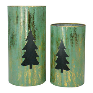 Rustic Christmas Tree Candle Lanterns - 12" - Green and Gold - Set of 2