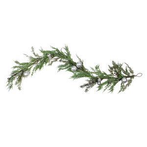 5' Green and Silver Iced Cedar Christmas Garland with Ornaments Bells - Unlit