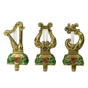 Glittered Harp Christmas Stocking Holders - 7" - Gold Finish - Set of 3
