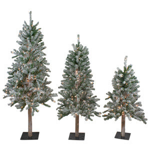 Set of 3 Pre-Lit Slim Flocked Alpine Artificial Christmas Trees 5' - Clear Lights