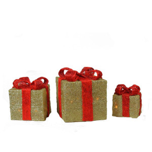 Set of 3 Lighted Gold and Red Gift Boxes Christmas Outdoor Decorations 10"