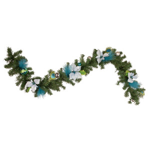 Peacock Feather and Poinsettia Artificial Christmas Garland - 6' x 9" - Unlit