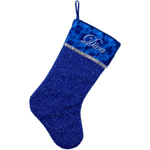 17" Blue and Silver Embroidered 'Diva' Christmas Stocking with Cuff