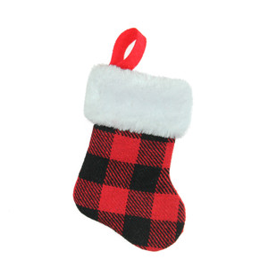 7" Red and Black Plaid Print Christmas Stocking with Faux Fur Cuff