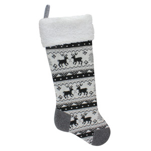 21" Black, Gray and White Rustic Lodge Knit Christmas Stocking with High Pile Fleece Cuff