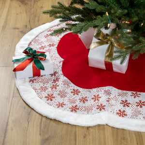 48" Red and White Glitter Snowflake Scallop Christmas Tree Skirt