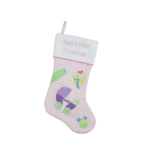18.5" Pink and White "Baby's First Christmas" Embroidered Stocking