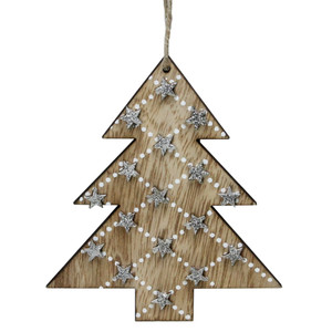 4.5" Brown and Silver Wooden Tree Hanging Christmas Ornament