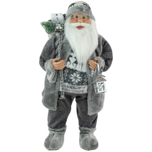 24" Gray and White Santa Claus with Lantern Christmas Figure