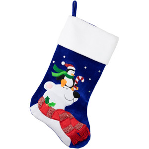 24" Large Penguin and Bear Blue Velveteen Christmas Stocking with White Cuff