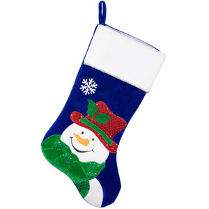 20" Royal Blue Embroidered Velveteen Snowman Christmas Stocking with White Cuff