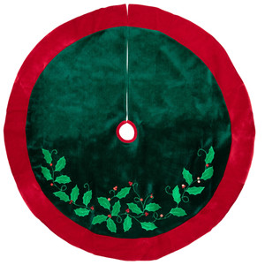 48" Dark Green Holly and Berry Velveteen Christmas Tree Skirt