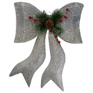 LED Lighted Gradient Mesh Bow Christmas Decoration - 22" - Silver Finish - Warm White