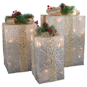 Set of 3 Silver Mesh Glittered Gift Boxes Outdoor Decorations