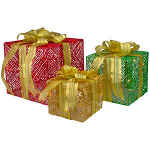 Set of 3 LED Lighted Red, Green and Gold Glitter Gift Boxes Outdoor Christmas Decoration