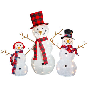 Lighted Tinsel Snowmen Family Christmas Outdoor Decorations - Clear Lights - Set of 3