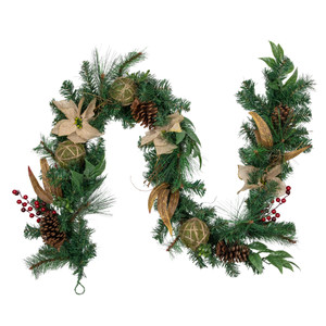 Pine with Burlap Poinsettias and Jute Ornaments Christmas Garland - 6' x 10" - Unlit