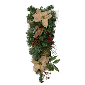 28" Mixed Pine Berry and Poinsettia Artificial Christmas Teardrop Swag - Unlit