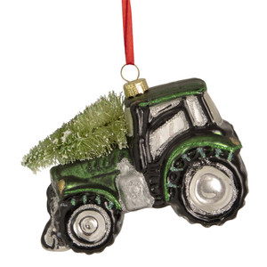 4" Green Tractor with Tree Glass Christmas Ornament