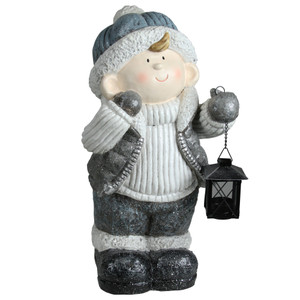 Little Boy Holding a Tea Light Lantern Christmas Figure - 18.5" - White and Gray