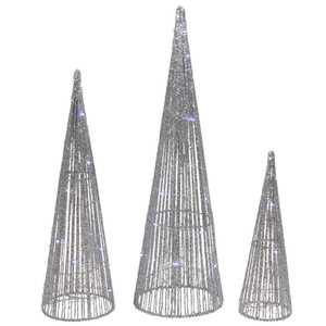 Set of 3 LED Lighted Silver Glitter Cone Tree Outdoor Christmas Decorations 23.5"