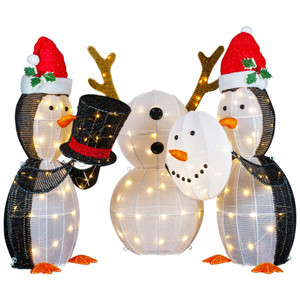 LED Lighted Penguins Building Snowman Outdoor Christmas Decoration - 35" - Set of 3