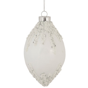 5" White Beaded and Silver Sequins Christmas Glass Finial Ornament
