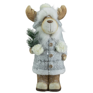 Frosted Ceramic Moose in Winter Coat Holding Pine Sprigs Christmas Figure - 18"