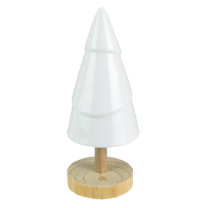 Ceramic Tree with Wood Base Christmas Decoration - 10.5" - White