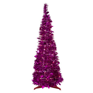 6' Pre-Lit Pink Tinsel Pop-Up Artificial Christmas Tree, Clear Lights