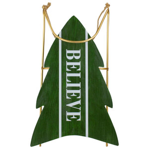 Wooden "Believe" Christmas Snow Sled Decoration - 18.25" - Green