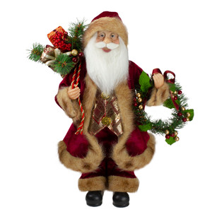 Santa Claus Holding a Wreath and Gift Bag Christmas Figurine - 18"