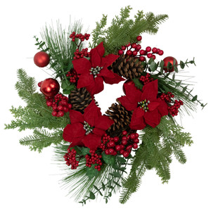 Berry and Poinsettia Artificial Christmas Wreath - 22" - Unlit