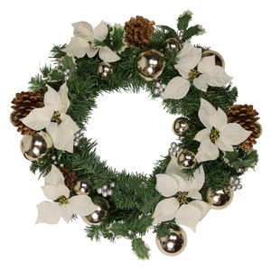 Decorated Cream Colored Poinsettia and Berry Artificial Christmas Wreath, 24-Inch, Unlit