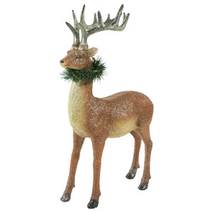 Standing Glittered Reindeer with Pine Neck Wreath Christmas Decoration - 15.5"