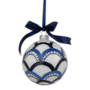 4" White and Blue Scallop Glass Christmas Ball Ornament