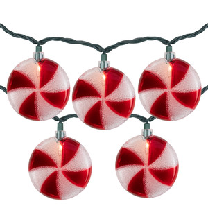 10 Count Peppermint Candy Christmas Light Set, 6ft Green Wire