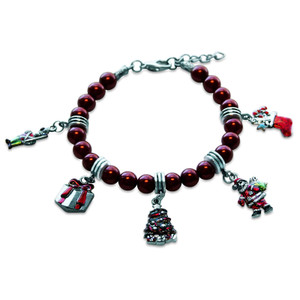 Whimsical Gifts Christmas Charm Bracelet | Gold or Silver Finish | Red Glass Beads | 5 Handpainted Charms | Handmade in USA