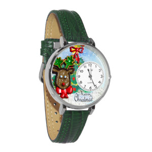 Whimsical Gifts Reindeer Hunter 3D Watch | Gold or Silver Finish Large | Unique Fun Novelty | Handmade in USA | Green Leather Watch Band