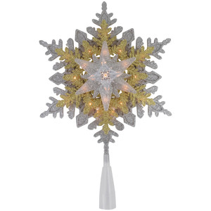 13.75" Lighted Gold and Silver Snowflake Christmas Tree Topper, Clear Lights