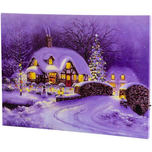 Fiber Optic and LED Lighted Snowy Christmas House Canvas Wall Art 12" x 15.75"