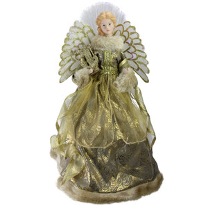 16" Gold and Brown Lighted Angel in Gown with Harp Christmas Tree Topper