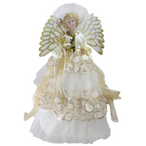 16" White and Gold Lighted Angel Sequined Gown Christmas Tree Topper