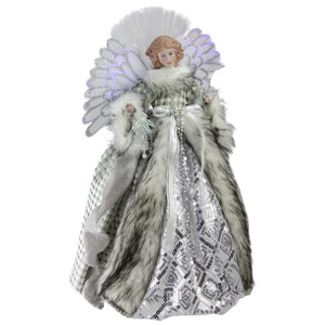 16" Lighted Fiber Optic Angel in Silver Gingham Coat Christmas Tree Topper