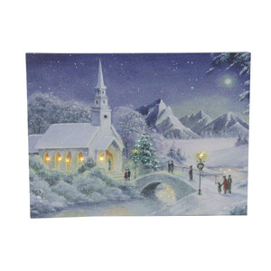 LED Fiber Optic Lighted Snow Covered Church Christmas Wall Art 15.75" x 12"
