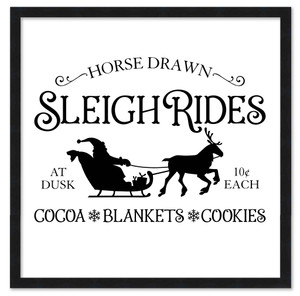 Horse Drawn Sleigh Rides 15.5" x 15.5" Framed Christmas Wall Decor Art Print Sign Poster in a Black Wooden Frame with UV Acrylic and Hangers
