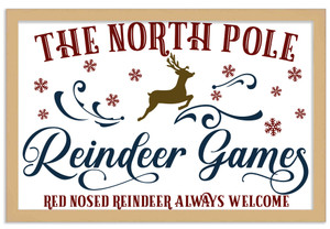 The North Pole Reindeer Games 14.5" x 21.5" Framed Christmas Wall Decor Art Print Sign Poster in a Natural Wooden Frame with UV Acrylic and Hangers