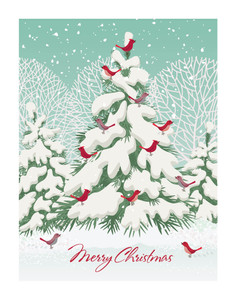 Snowy Tree Birds Christmas Holiday Wall Decor Art Print