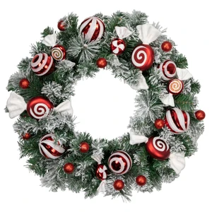 Frosted Pine Artificial Christmas Wreath with Swirled Candy Ornaments, 24-Inch