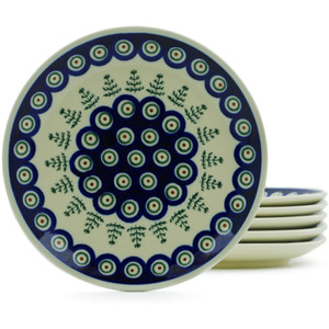 Polmedia Polish Pottery Set of 6 Plates 7" Peacock Christmas